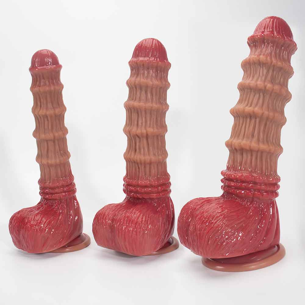 Red and flesh bamboo-style silicone ribbed dildo with suction cup HA-SM