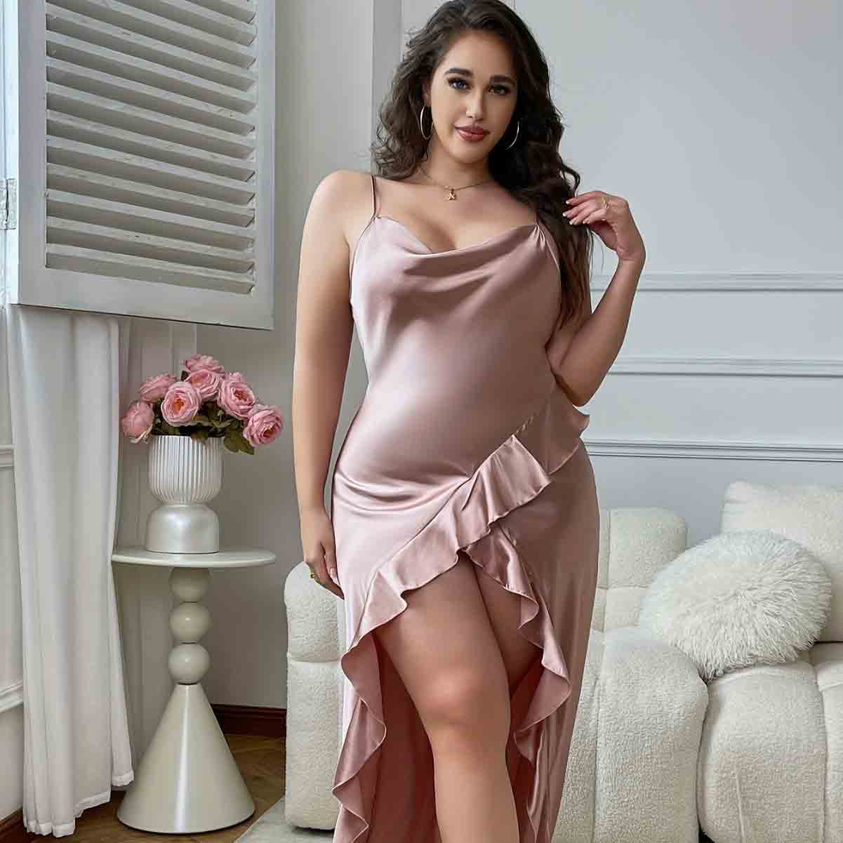 Solid Color Front High Slit plus size long nightgown TY-QKC