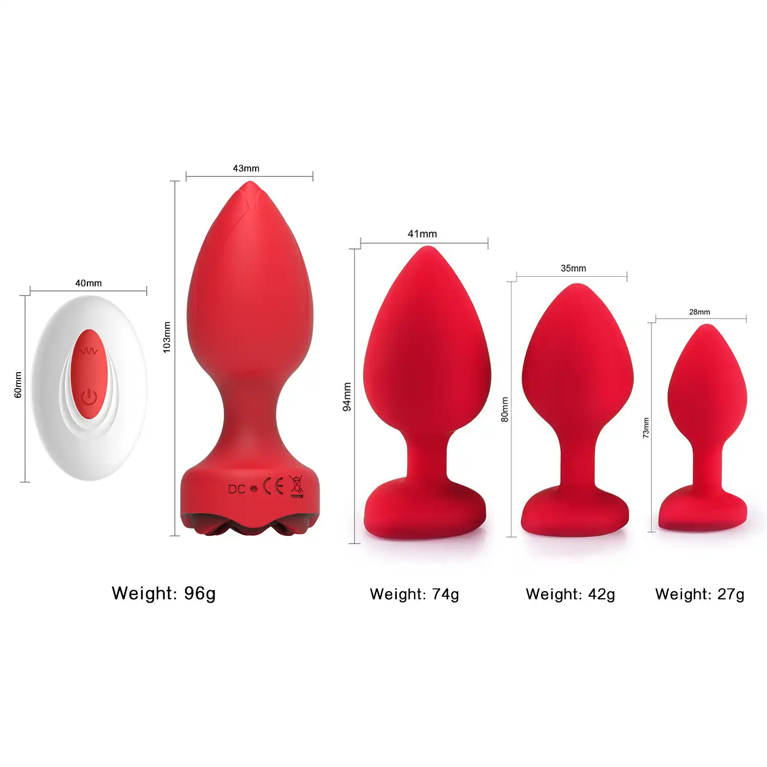 Red silicone remote-controlled rose base butt plug set