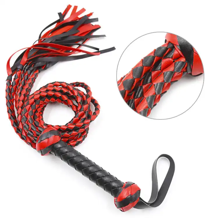 Red and black braided leather flogger
