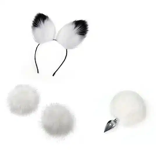 White bunny tail butt plug with black and white ears