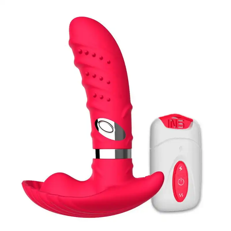 Red wearable remote control dildo vibrator with electric shock