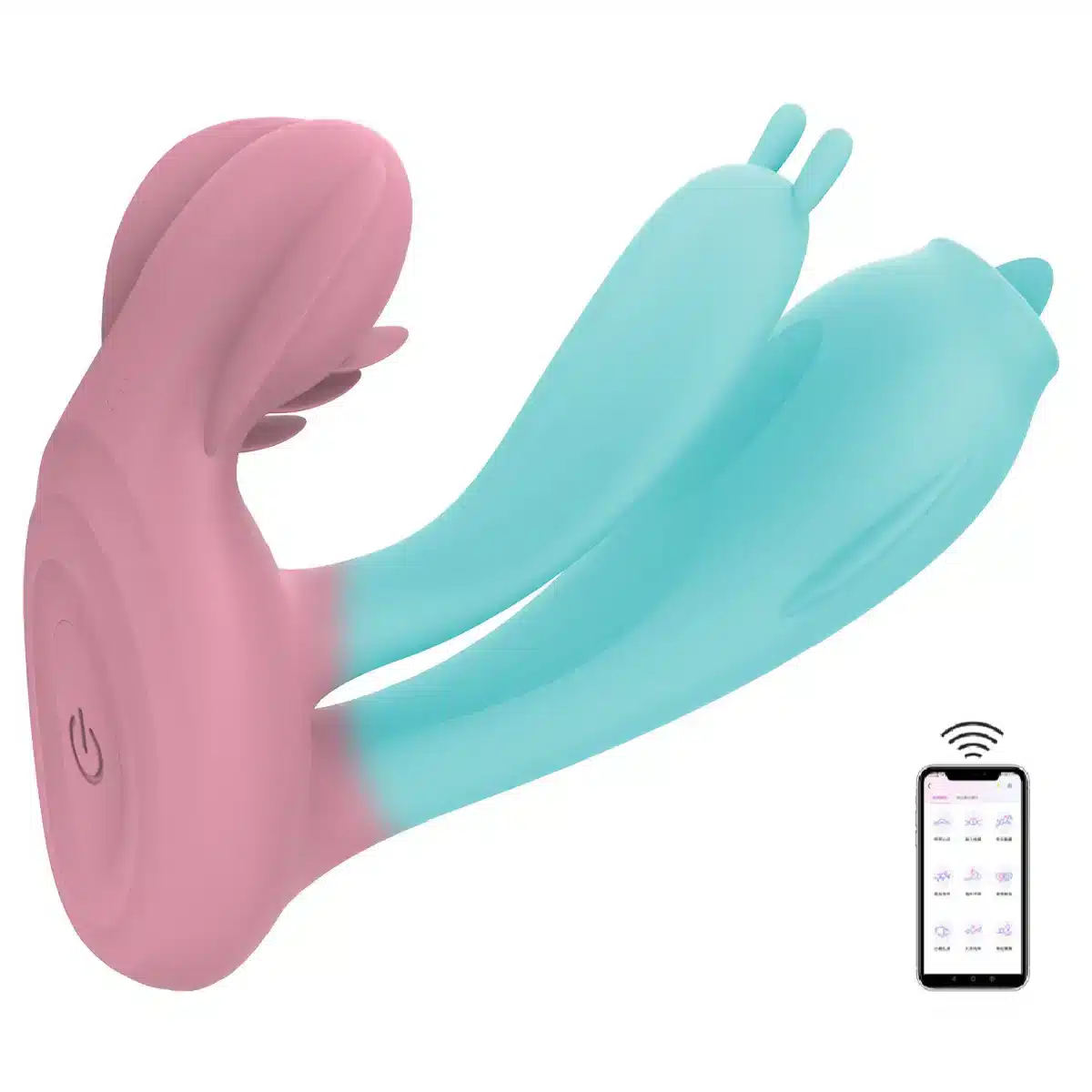 Pink and blue app-controlled wearable vibrator with dual tongue licking