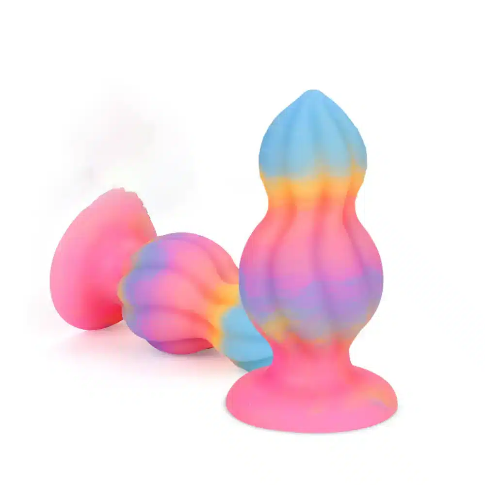 Colorful gourd-shaped large silicone butt plug with a glow-in-the-dark feature